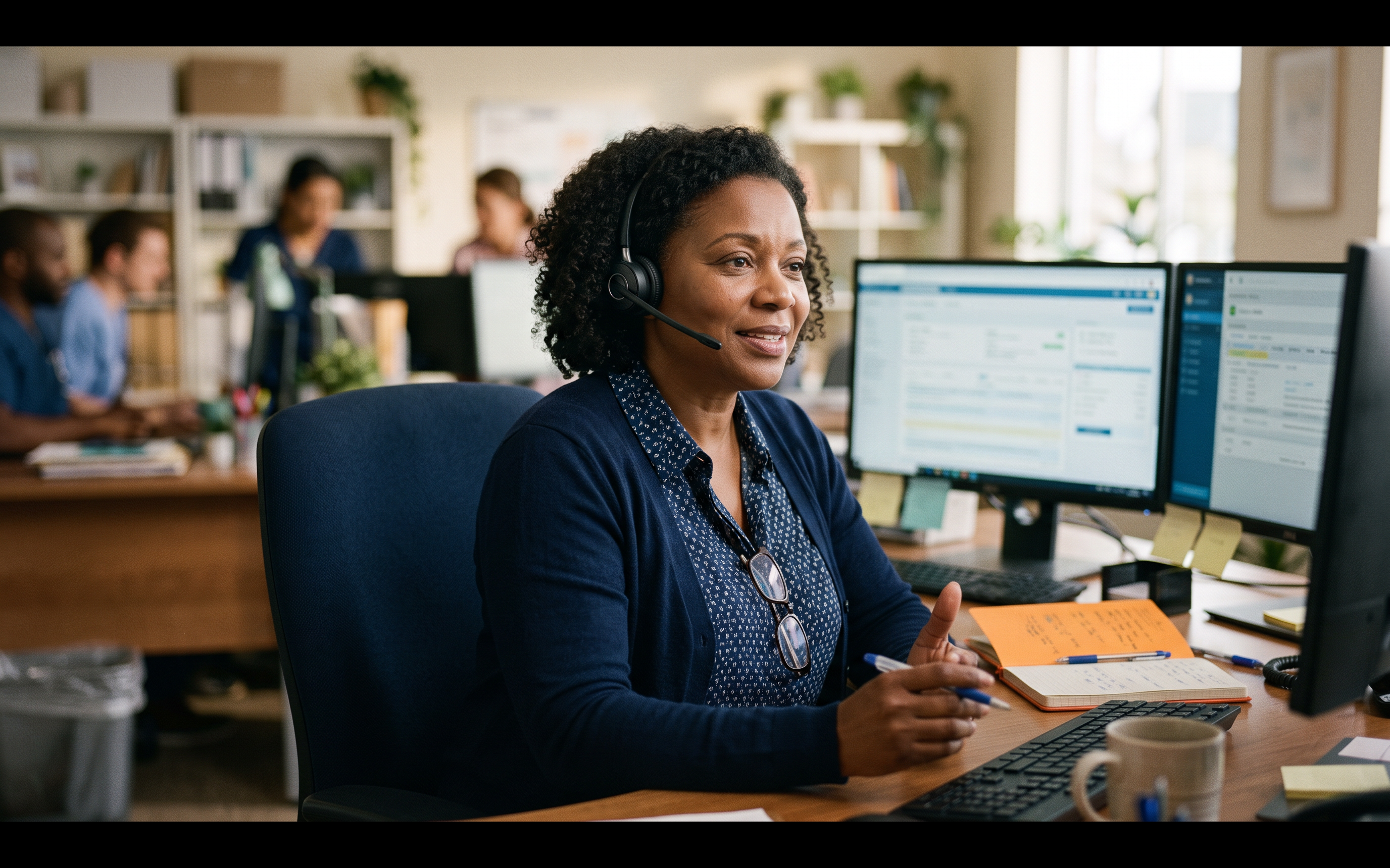 A care coordinator on a headset call at a desk with two monitors