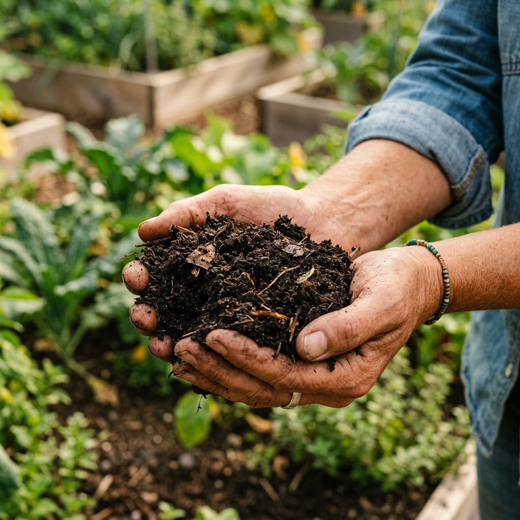 Hands holding rich dark compost