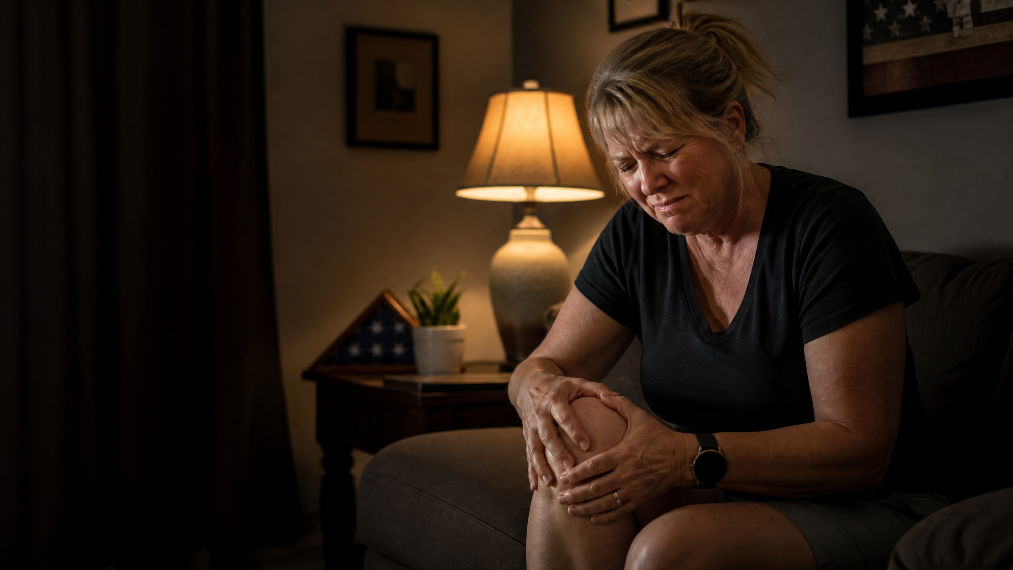 A female military veteran seated on a couch struggling to bend her stiff knee, both hands pressed on it, in a warm lamp-lit living room