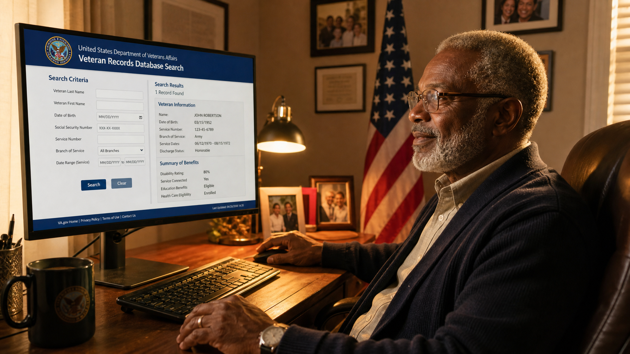 Senior veteran verifying an agent accreditation number in the VA OGC database on his computer