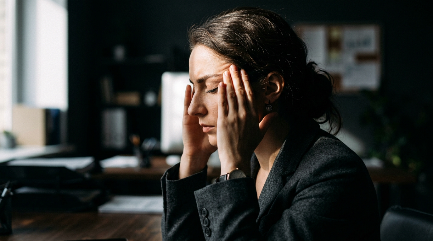 Perfil de profissional em concentração profunda com iluminação dramática, simbolizando a batalha interna entre emoção e razão