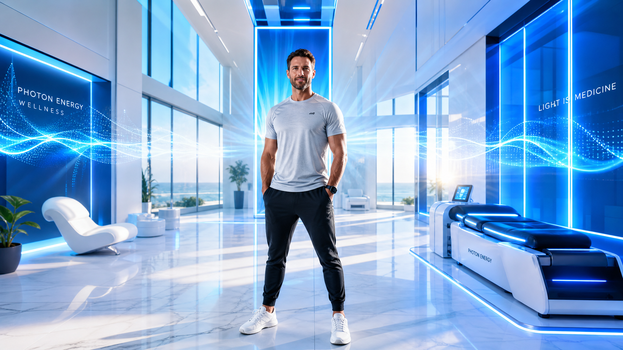 Confident man in a bright modern wellness space with vibrant blue light therapy
