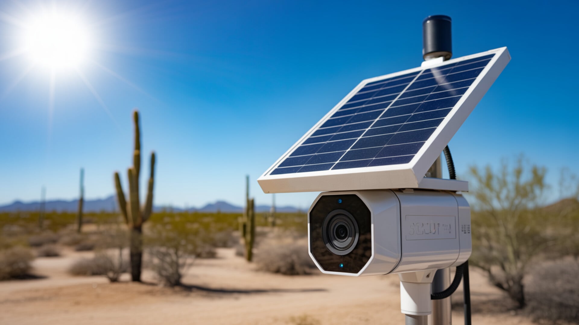 Solar-powered security camera mounted on a pole in bright Arizona desert landscape