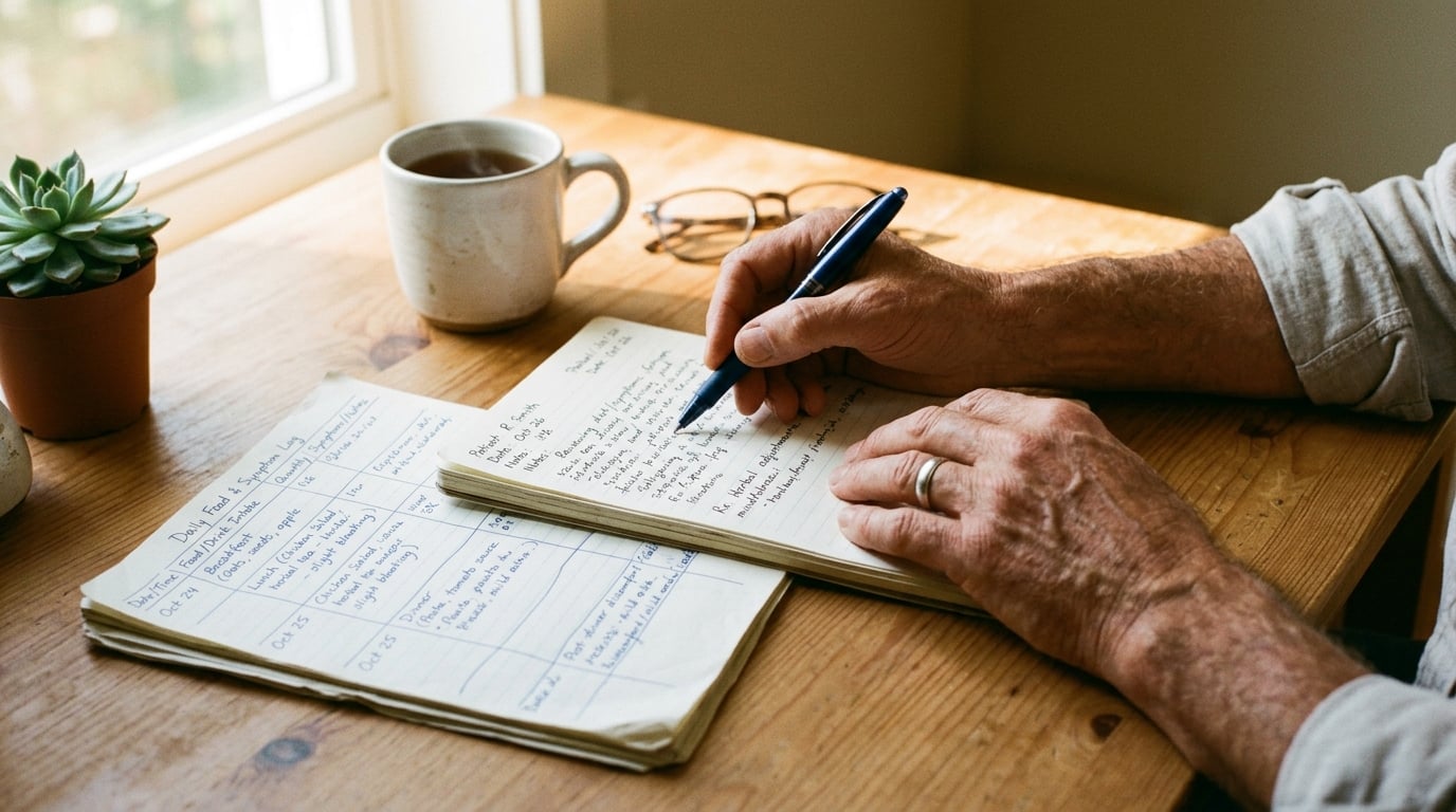 Practitioner carefully reviewing clinical notes and food diary on a warm timber desk
