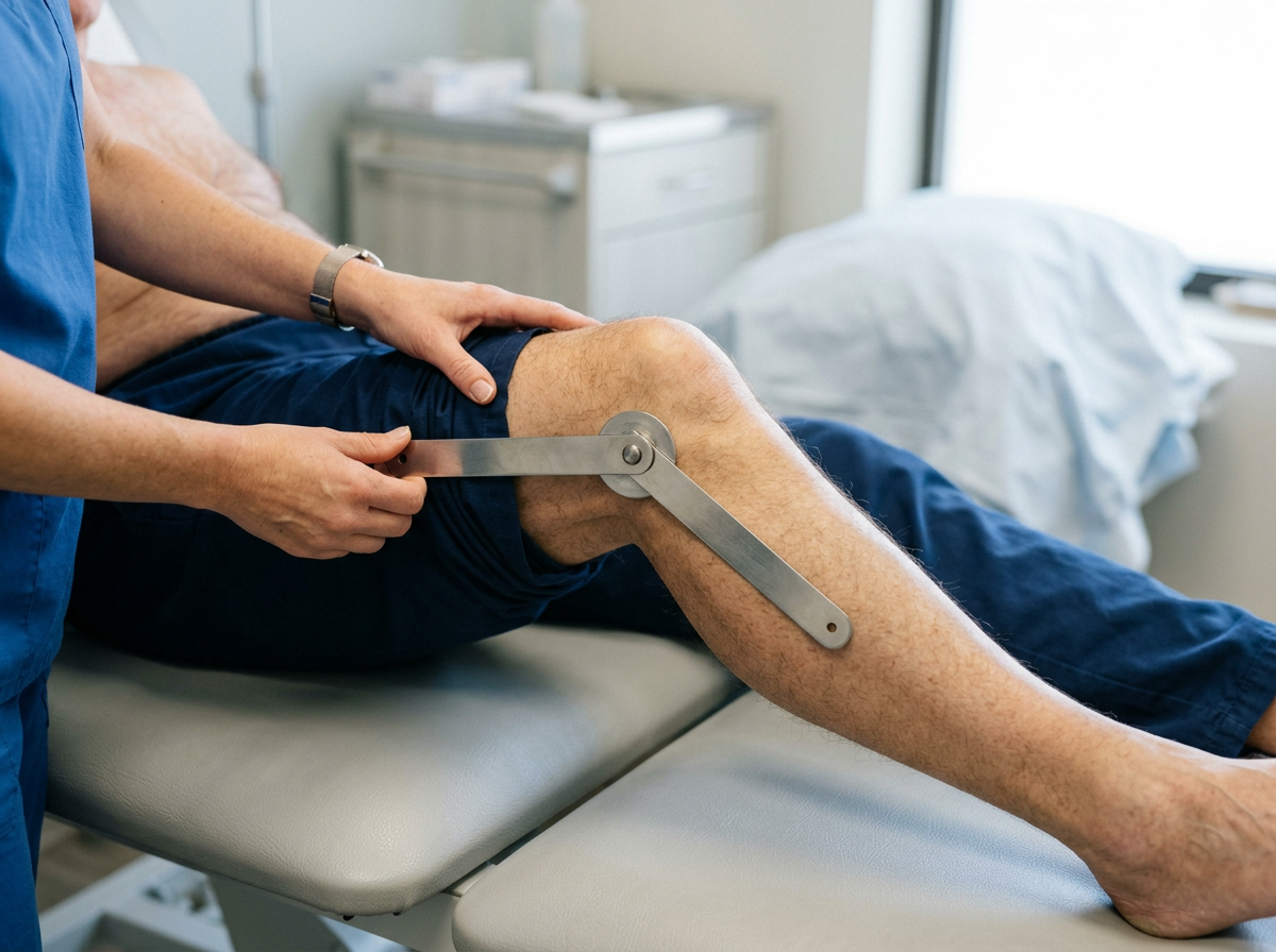 Clinical photograph of an examiner using a goniometer to measure the range of motion of a seated patient's knee