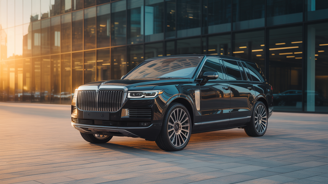 Luxury executive SUV parked in front of modern office building