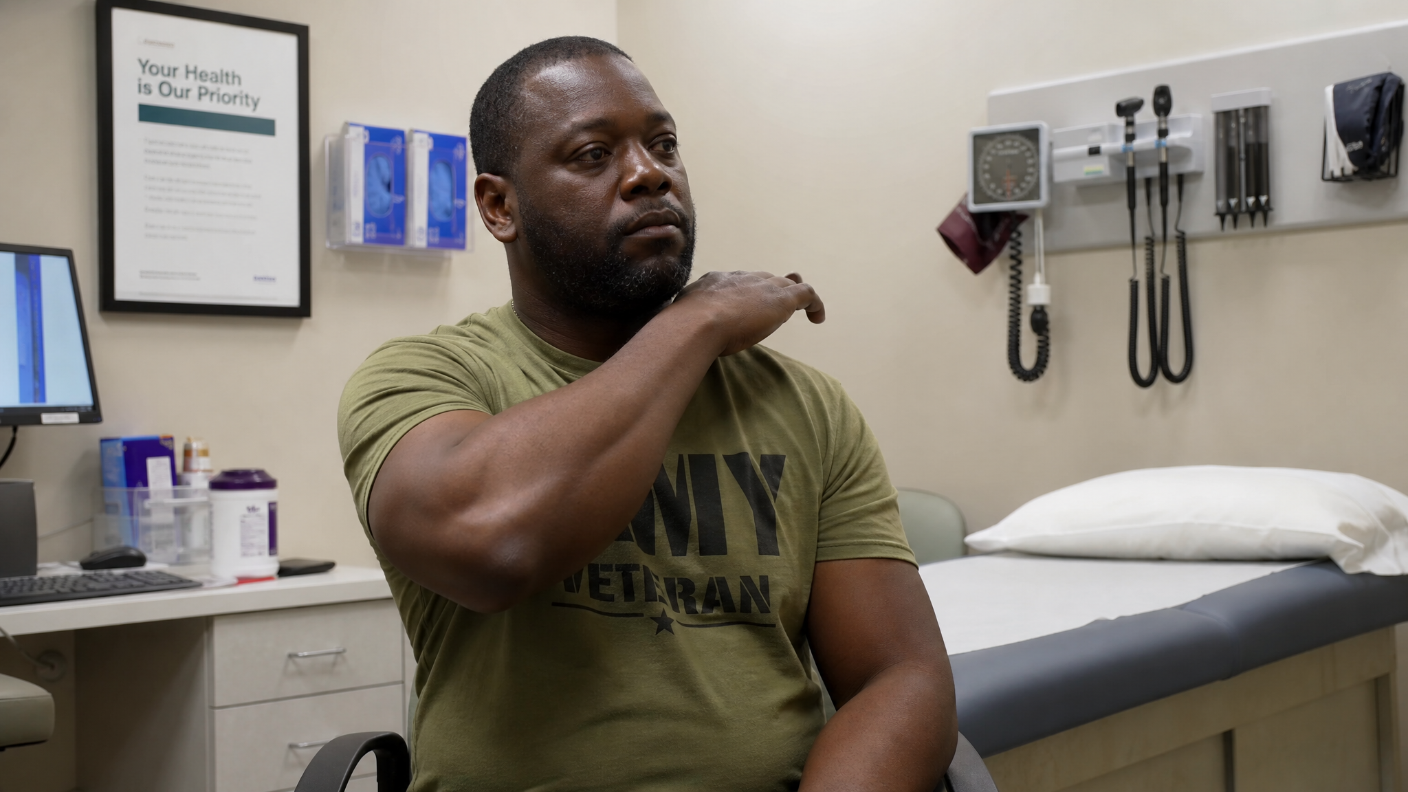 A veteran demonstrating limited elbow flexion in a clinical exam room, arm partially bent and unable to reach the shoulder