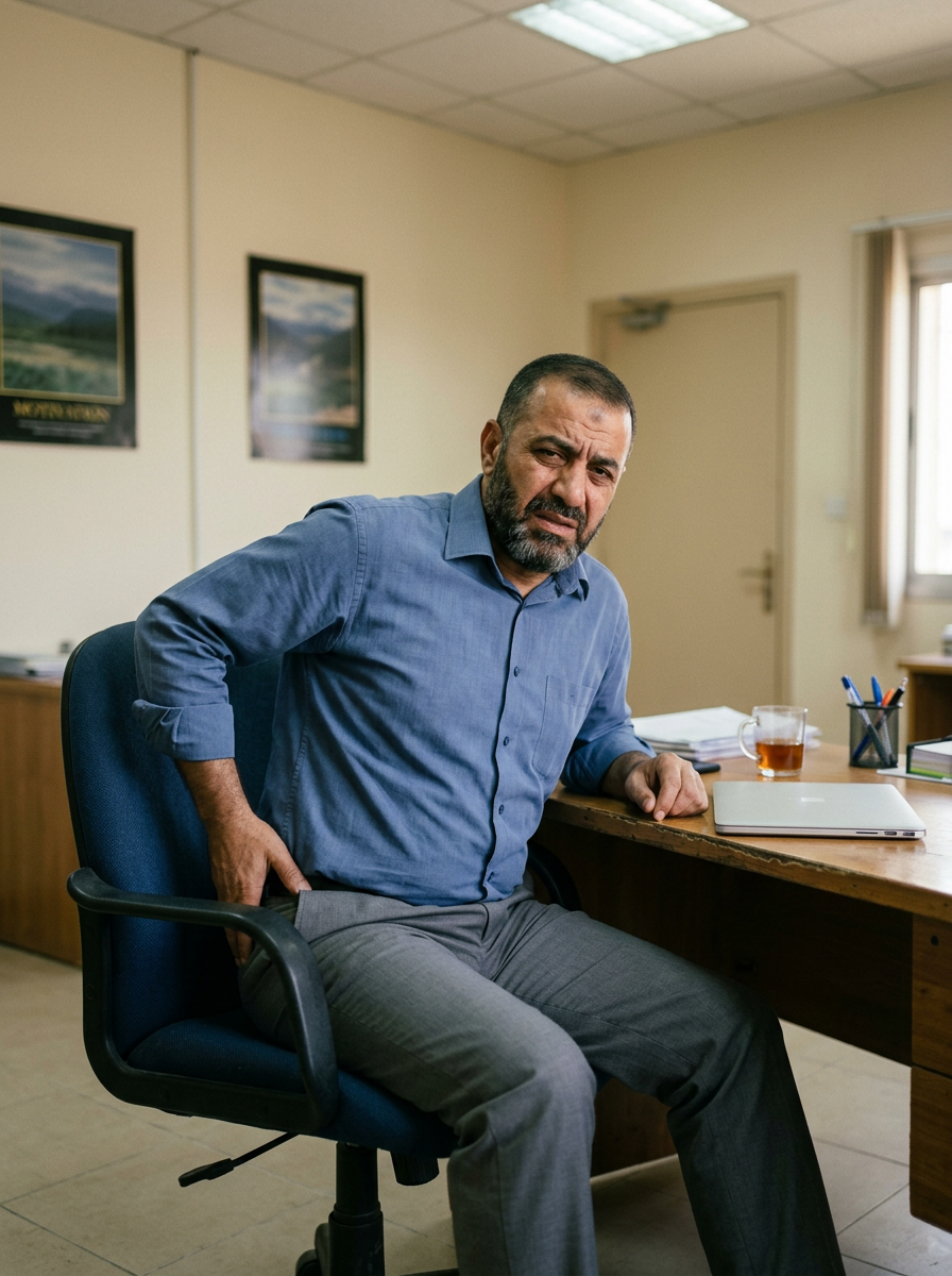 Middle-Eastern male veteran in his 50s sitting asymmetrically at a desk chair leaning to one side due to hip rotation limitation