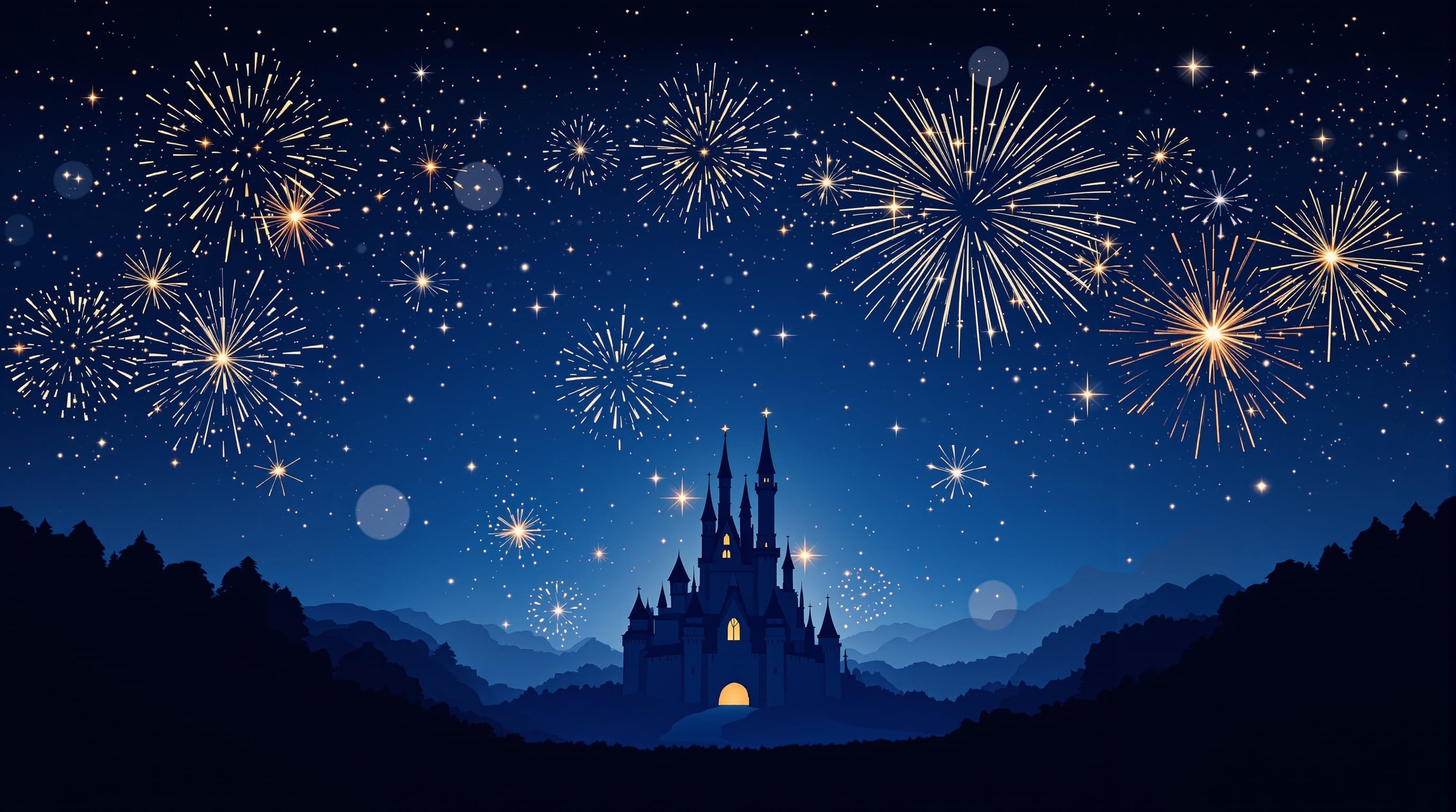 Magical castle night sky with fireworks