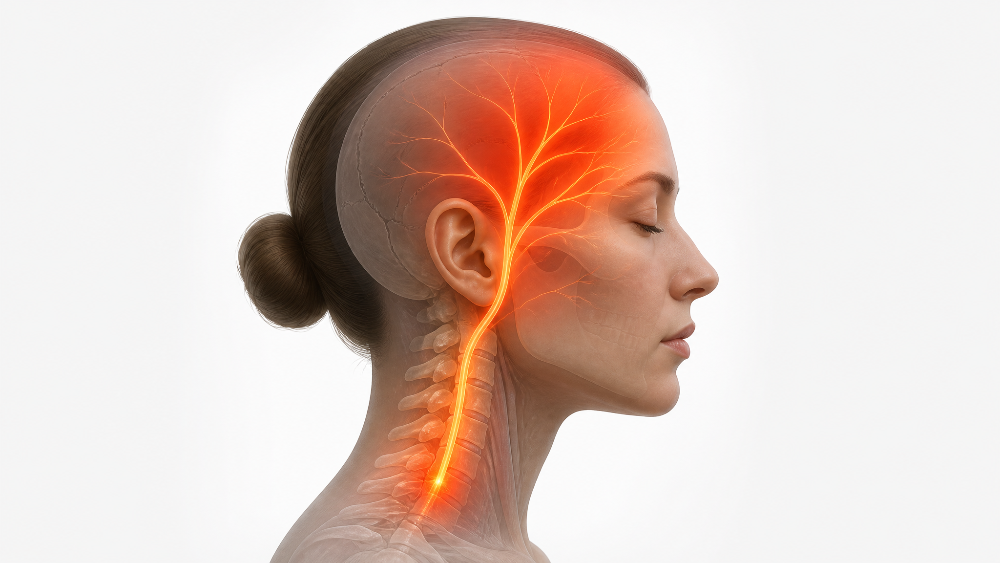 Illustration of a head-and-neck profile with pain beginning at the cervical spine and traveling into one side of the head