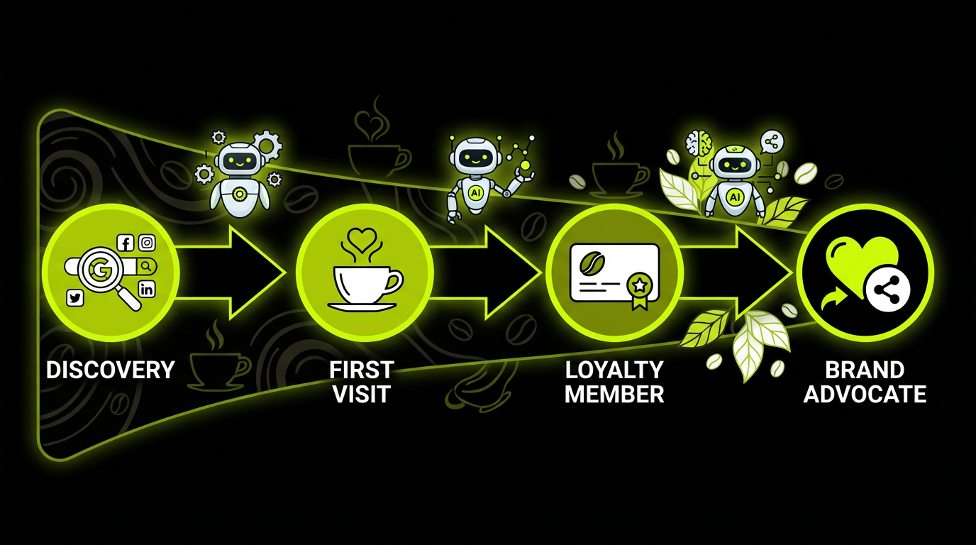 Coffee shop customer journey with AI touchpoints from discovery to brand advocate