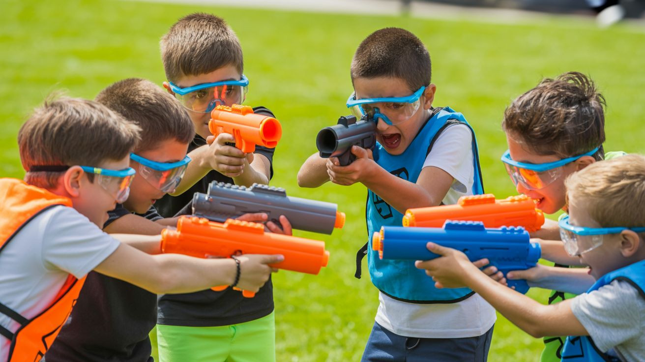 Kids in safety glasses during team Nerf battle