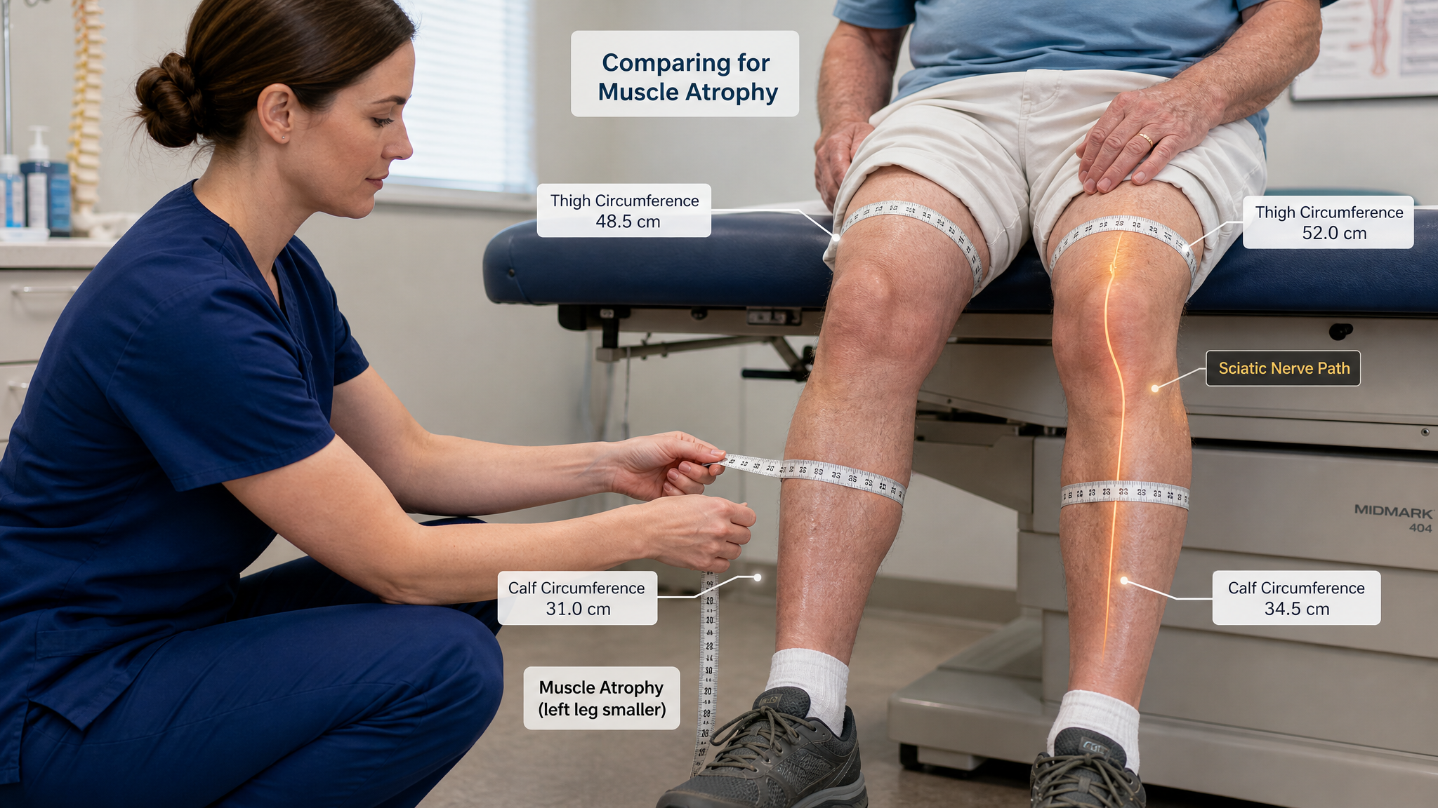 Clinician measuring calf and thigh circumference with a tape at a marked landmark on an older white man, comparing both legs for muscle atrophy