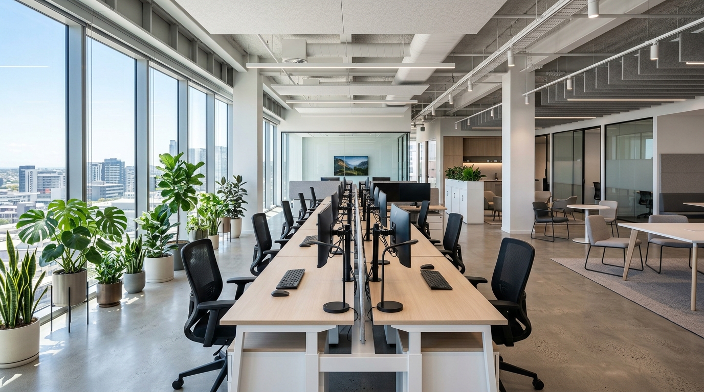 Escritório open-plan moderno, limpo e organizado, com luz natural