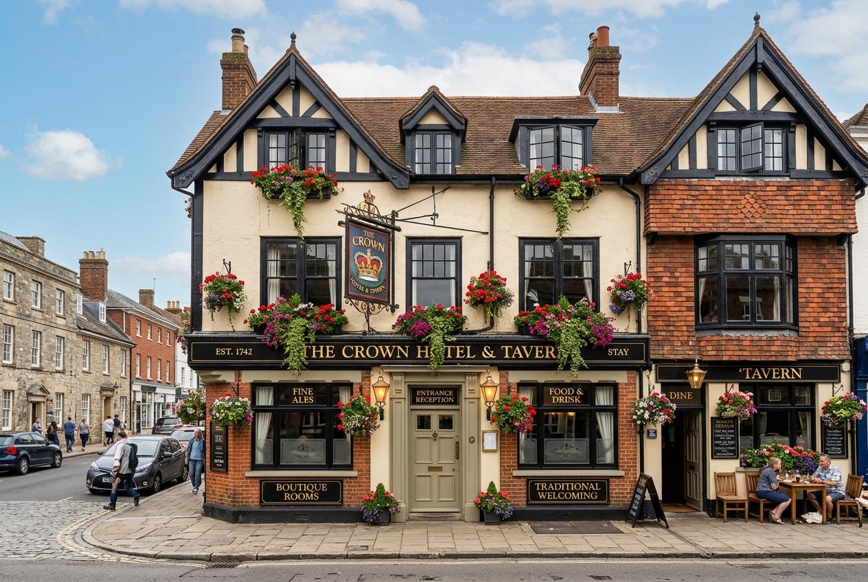 Traditional British pub and hotel exterior