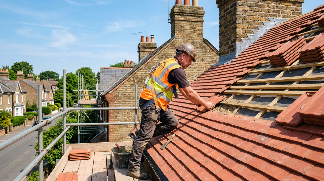 Professional roofer installing clay roof tiles on a UK house