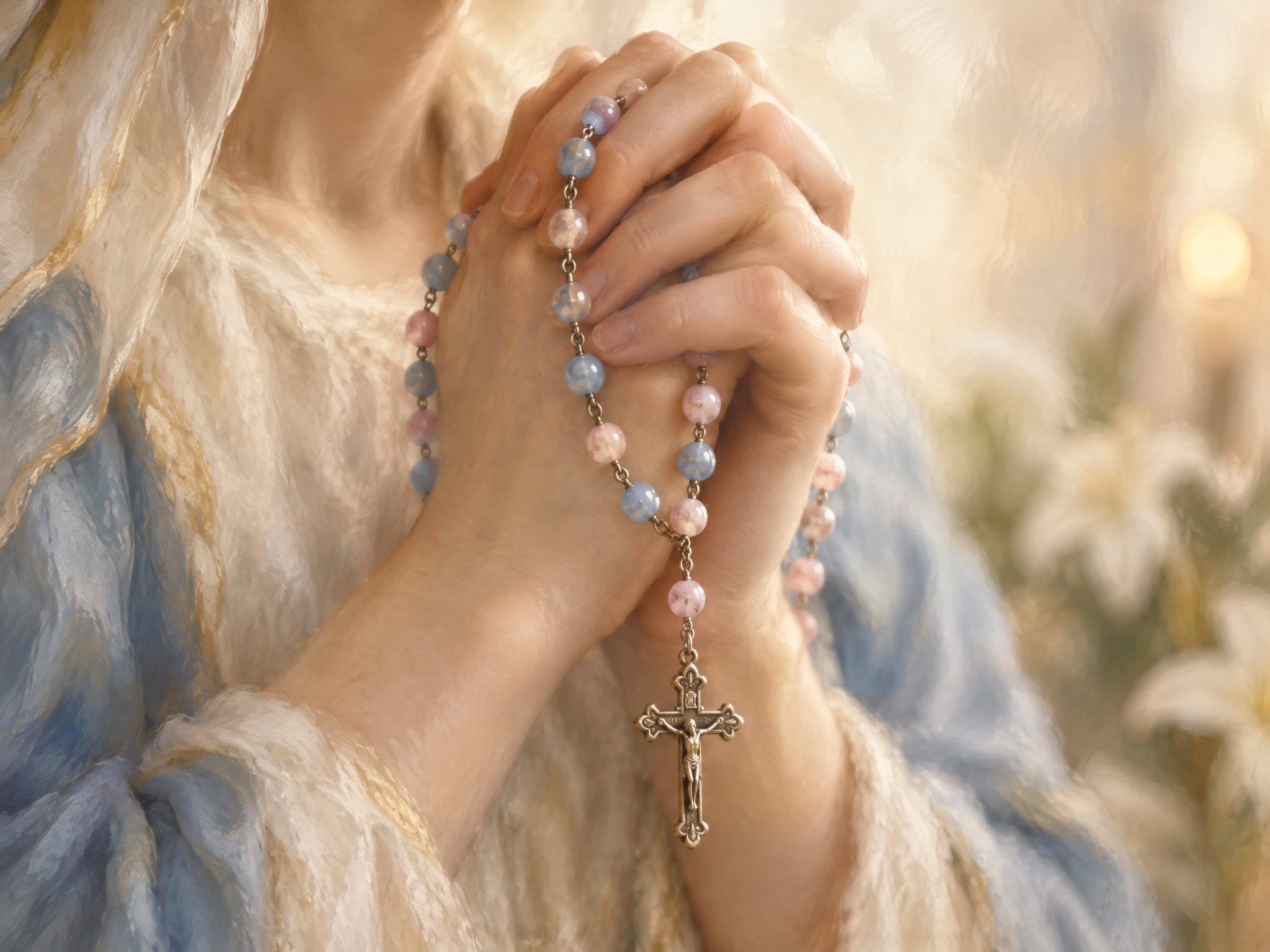 Hands folded in prayer with a rosary
