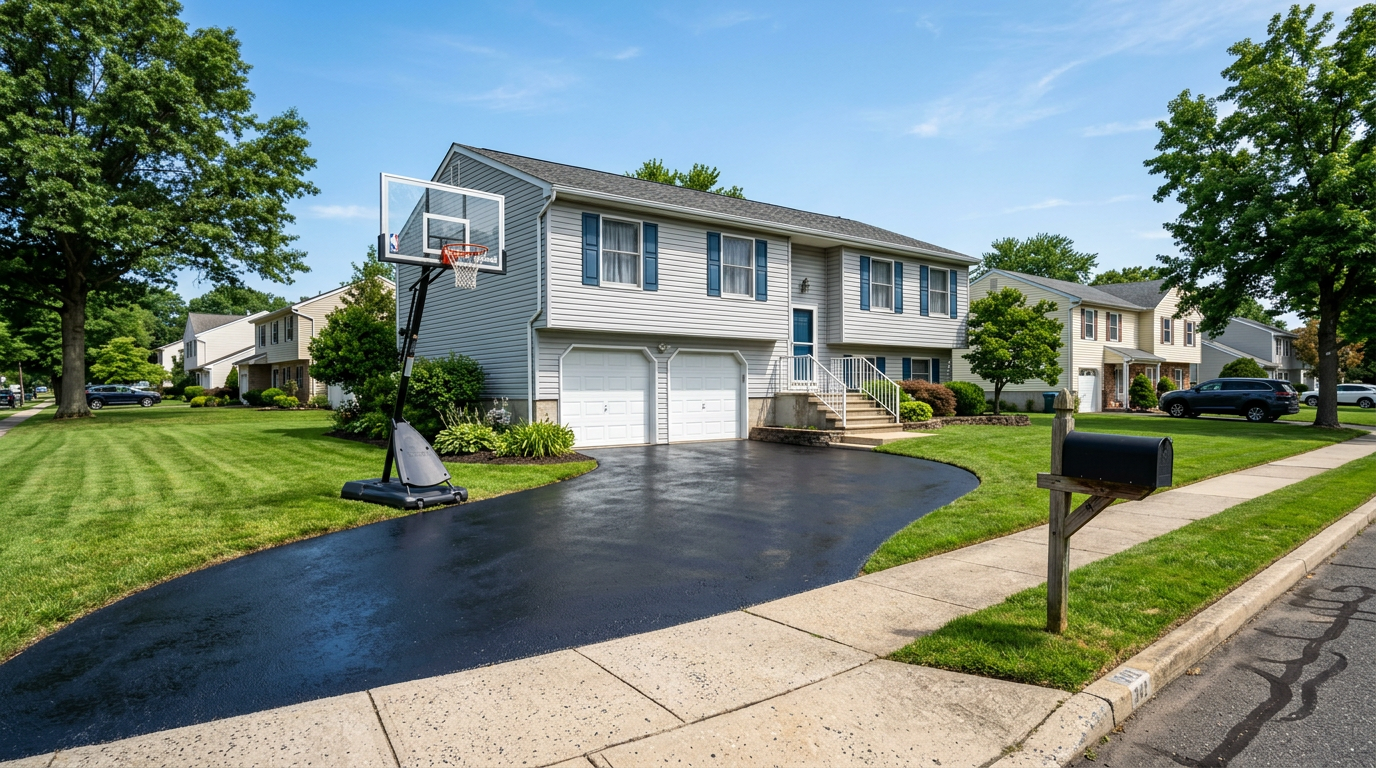 NJ split-level home with freshly sealed asphalt driveway