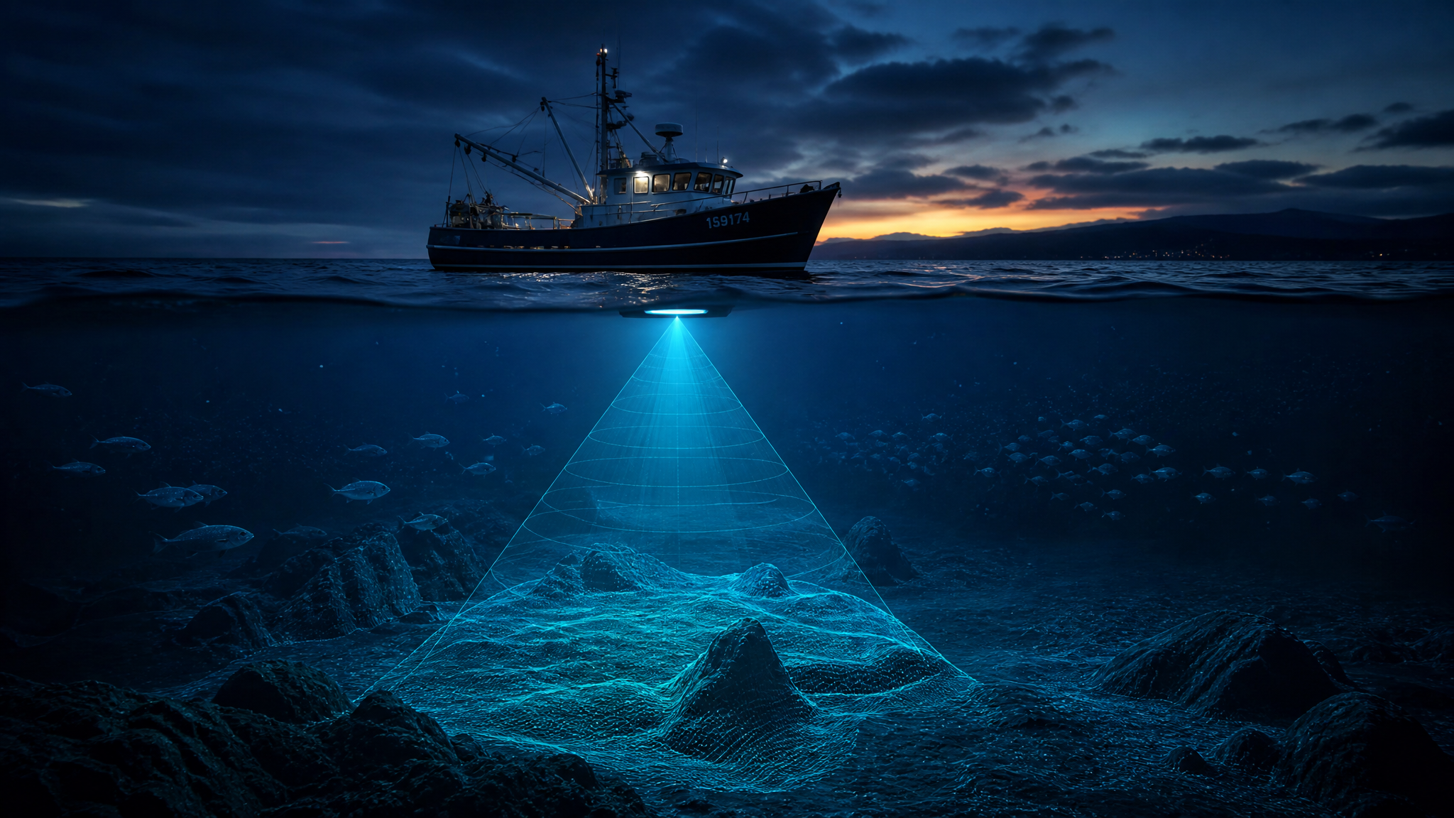 Sonar ile deniz tabanı taraması yapan balıkçı teknesi