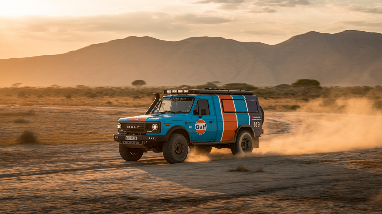 Overland truck adventure in African savanna