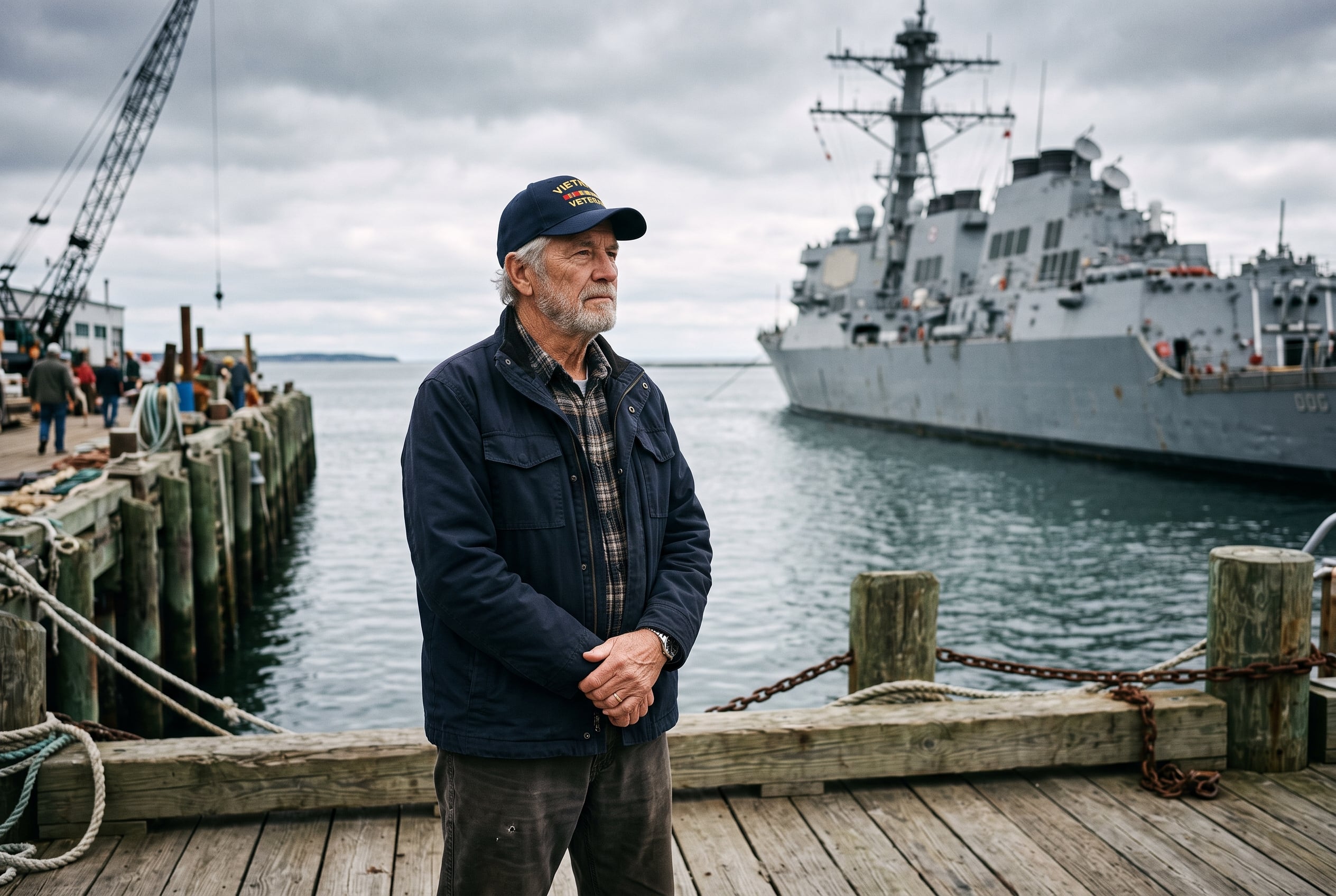 An older Vietnam-era Navy veteran on a harbor dock with a naval ship in the background