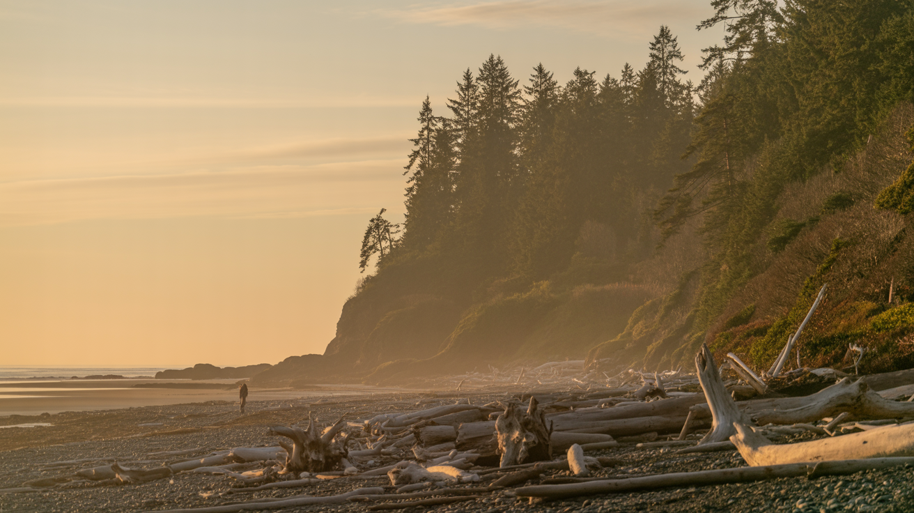 Misty coastal bluff at golden hour on Vancouver Island