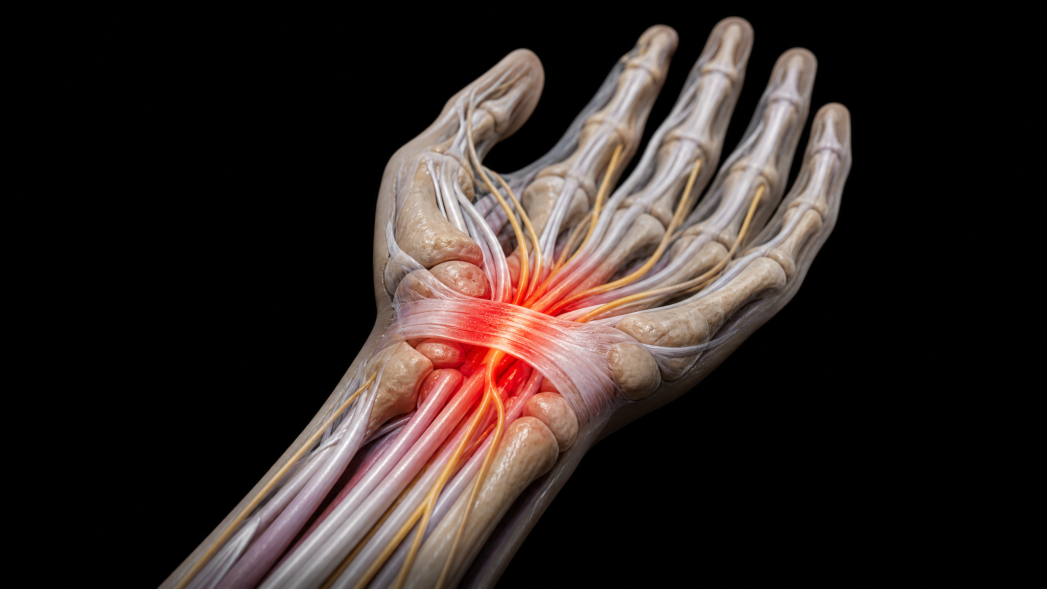 Detailed 3D anatomical render of a human wrist and hand on a black background, showing the carpal bones and flexor tendons with the median nerve passing through the carpal tunnel highlighted in red to indicate compression and inflammation