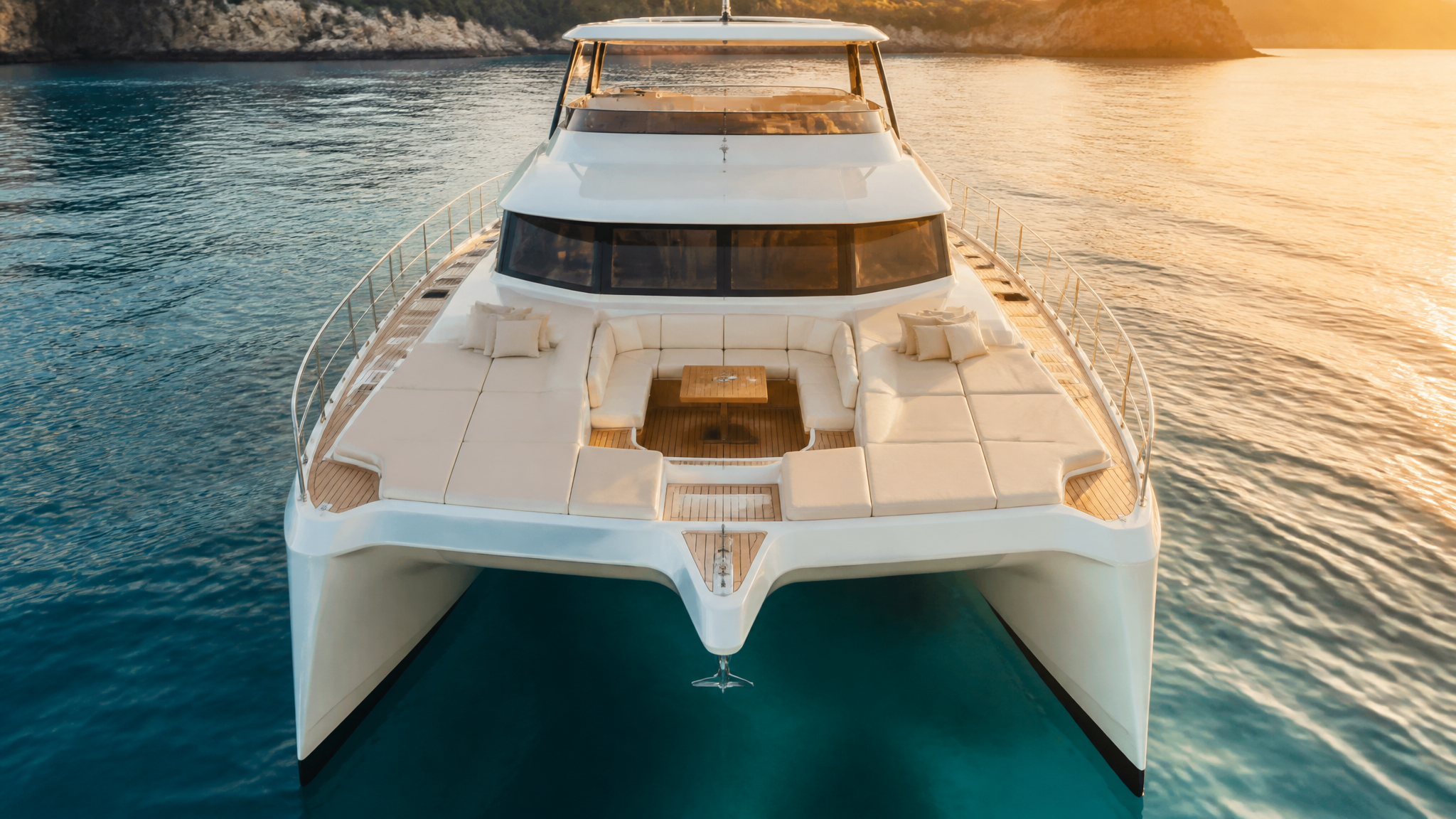 Forward cockpit lounge of the Elysor 50 between the two hulls