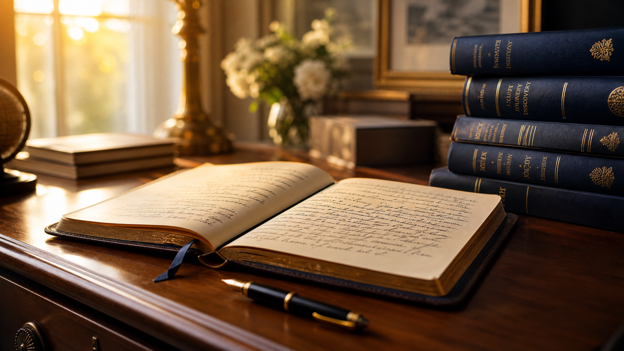 An elegant writing desk in warm morning light