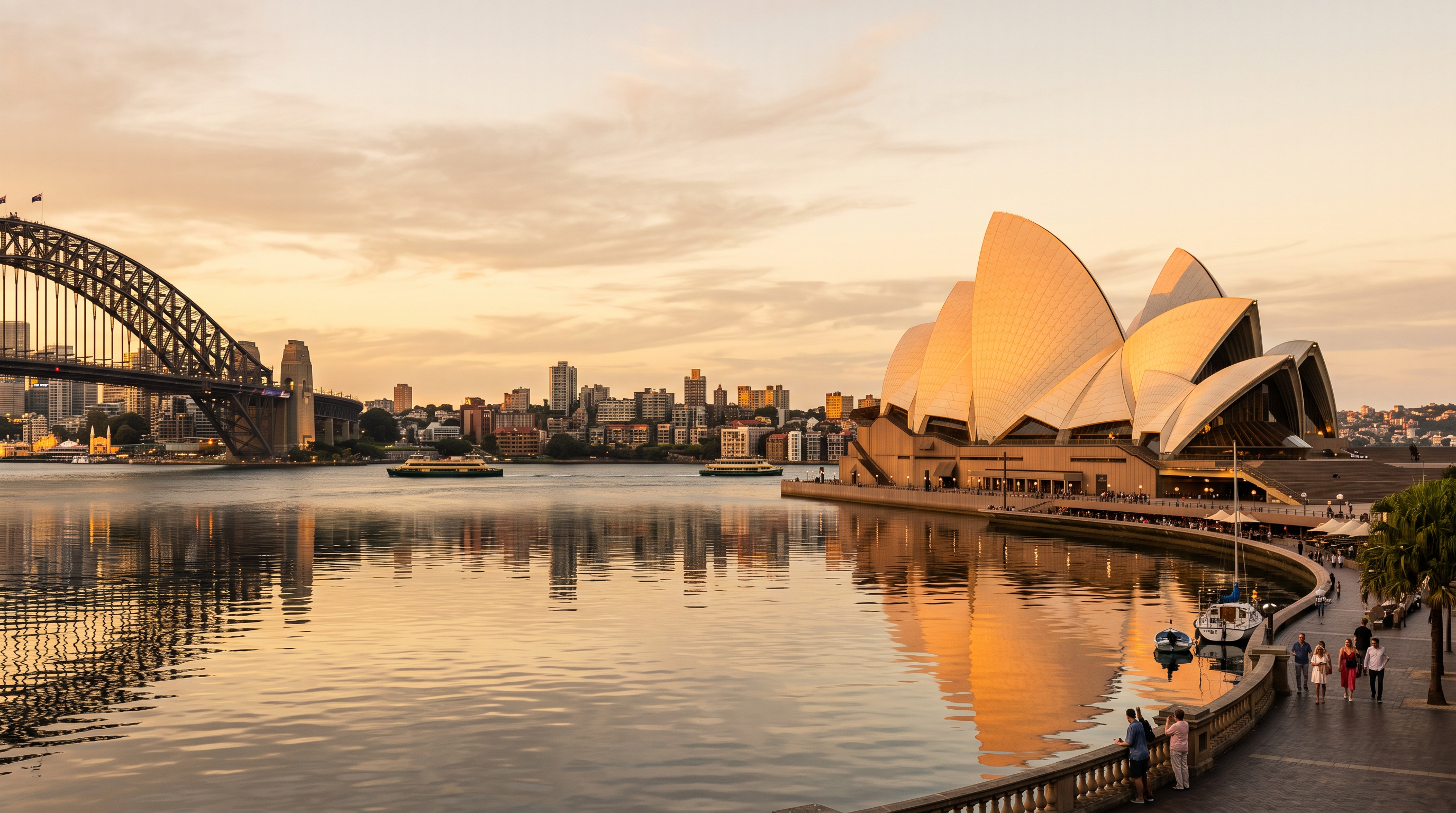 Sydney Opera House and harbour at golden hour