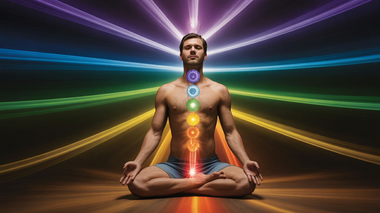 Muškarac meditira sa prikazom čakri duž tela, simbol energetske ravnoteže, svesti i unutrašnje harmonije