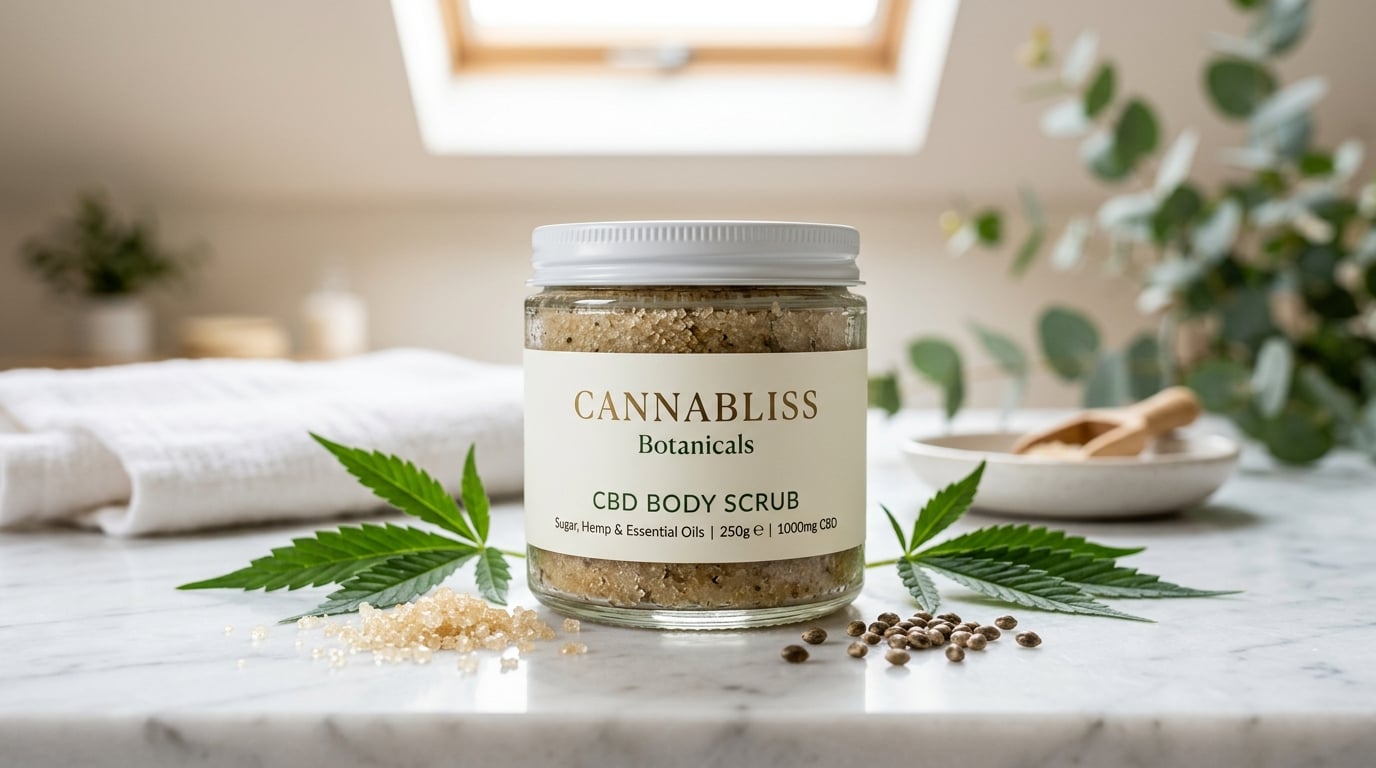 CBD body scrub in glass jar with hemp leaves and natural ingredients on marble surface