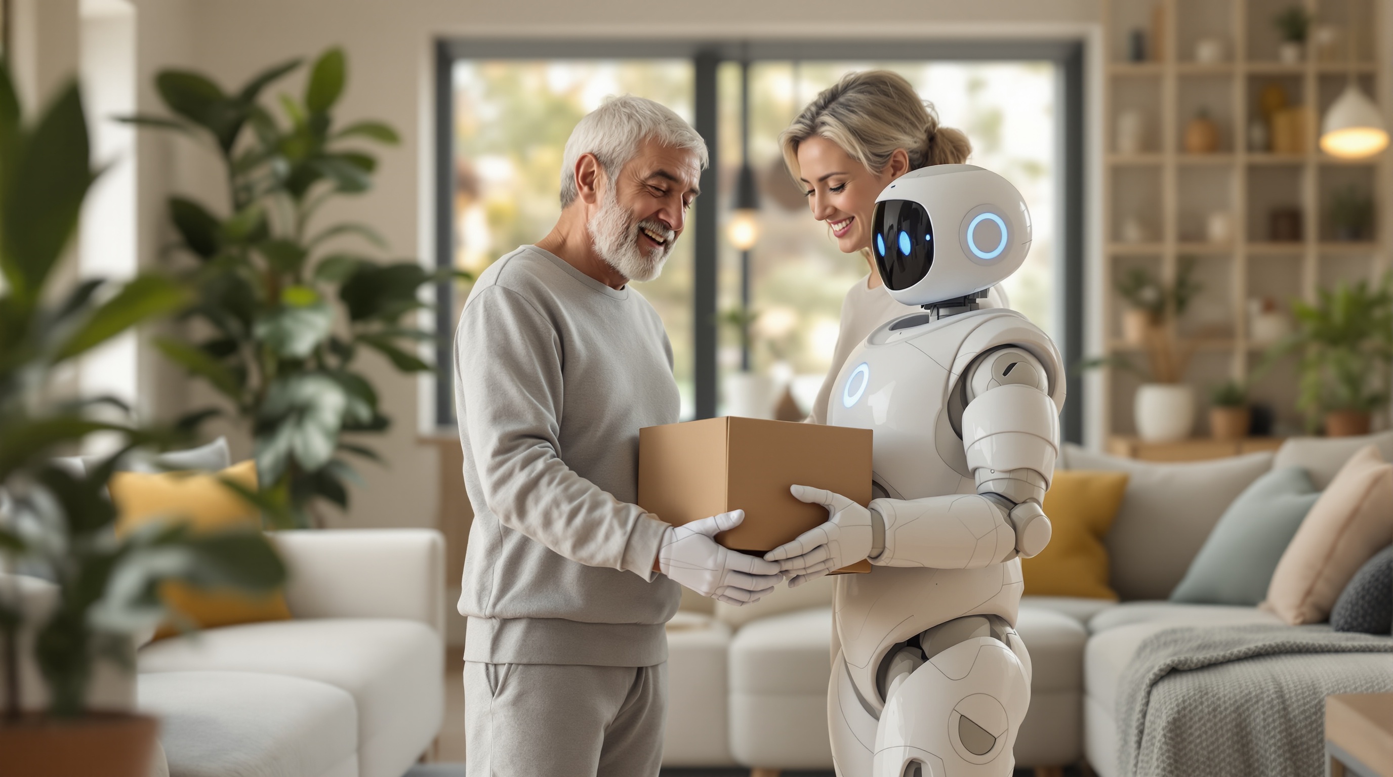 humanoidni robot pomoć u kući stariji čovek dostava paket pametna tehnologija u domu AI asistencija