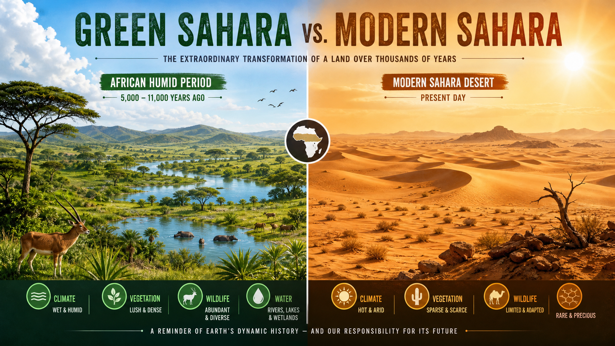 Illustration showing the Sahara's transition from a lush green landscape with rivers to the arid sandy desert of today