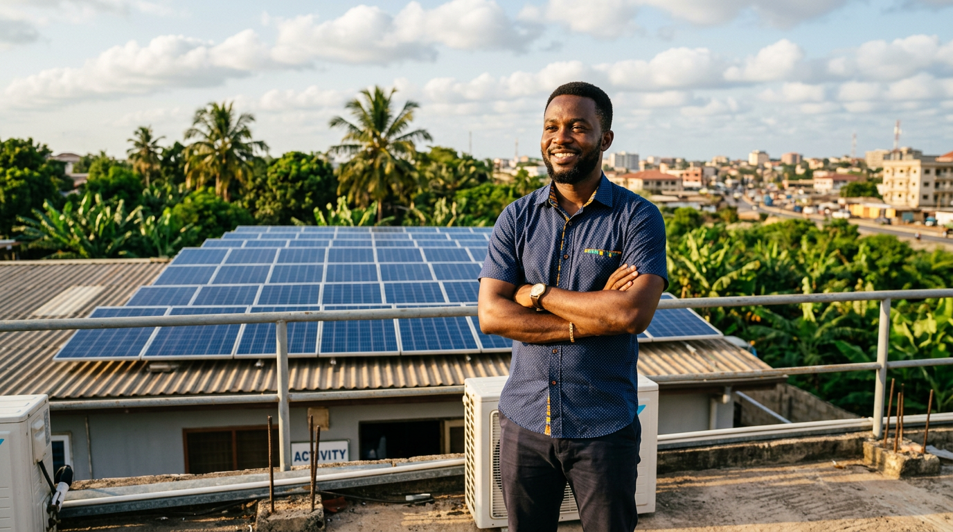 A Ghanaian entrepreneur standing near solar panels installed on a commercial workshop rooftop under a bright sunny sky with lush green surroundings
