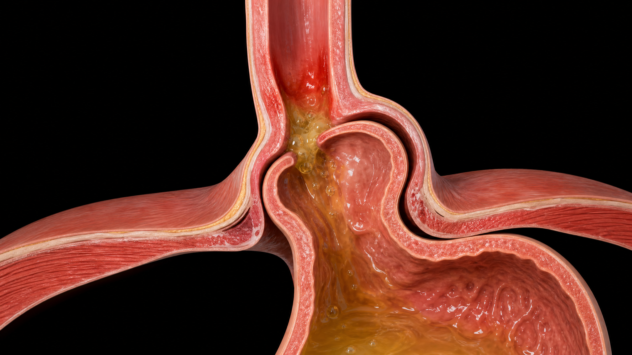 Three-dimensional medical illustration showing a cross-section of the lower esophagus and stomach with a hiatal hernia and acid reflux flowing upward through the diaphragm against a black background