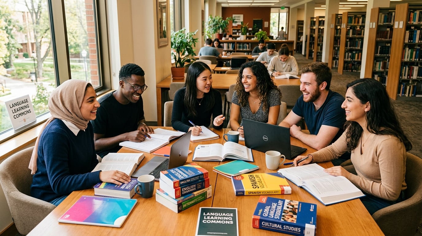 Diverse group of students learning Brazilian Portuguese together
