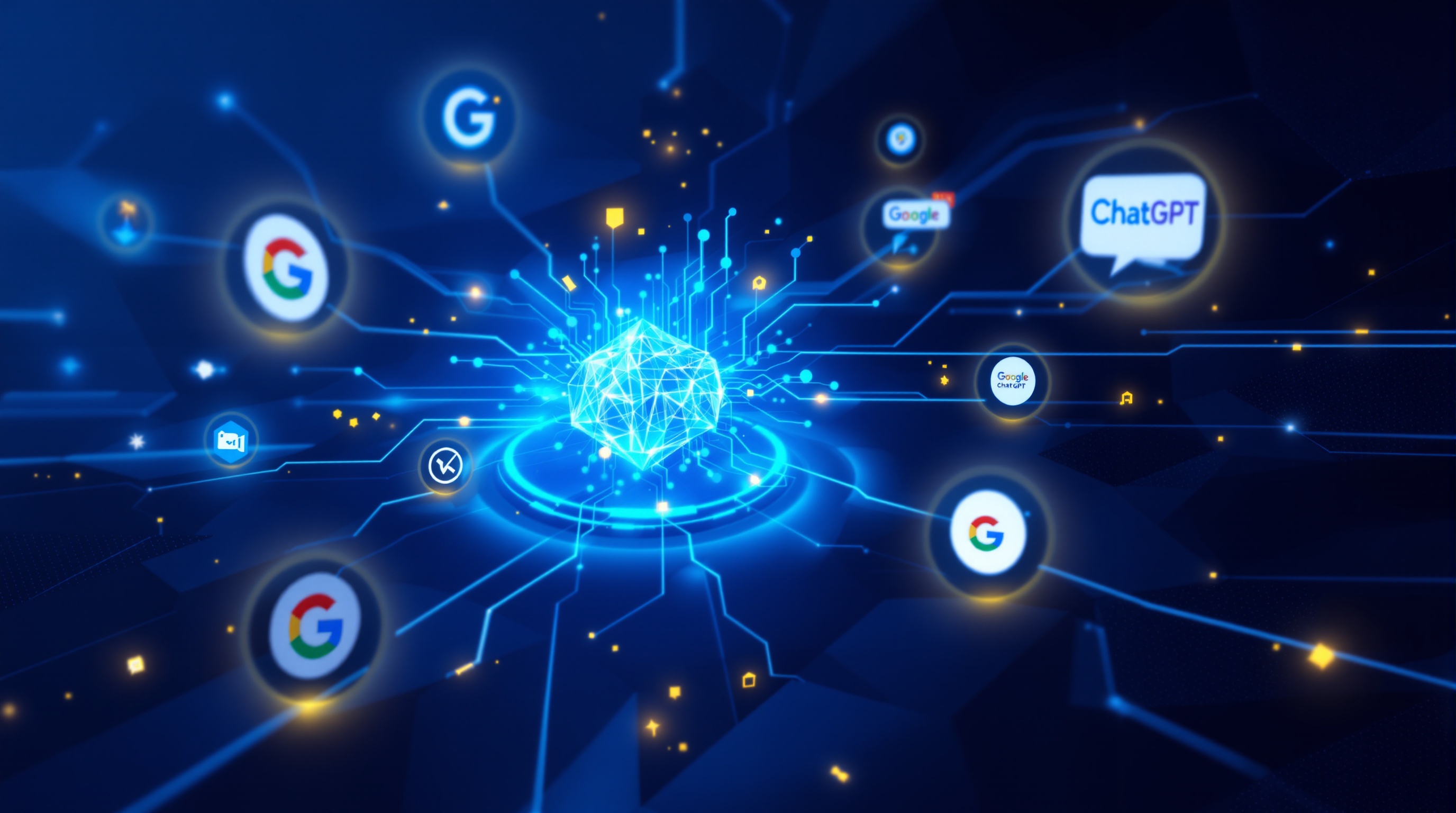 AI-powered SEO automation visualization showing content flowing through neural networks to search platforms