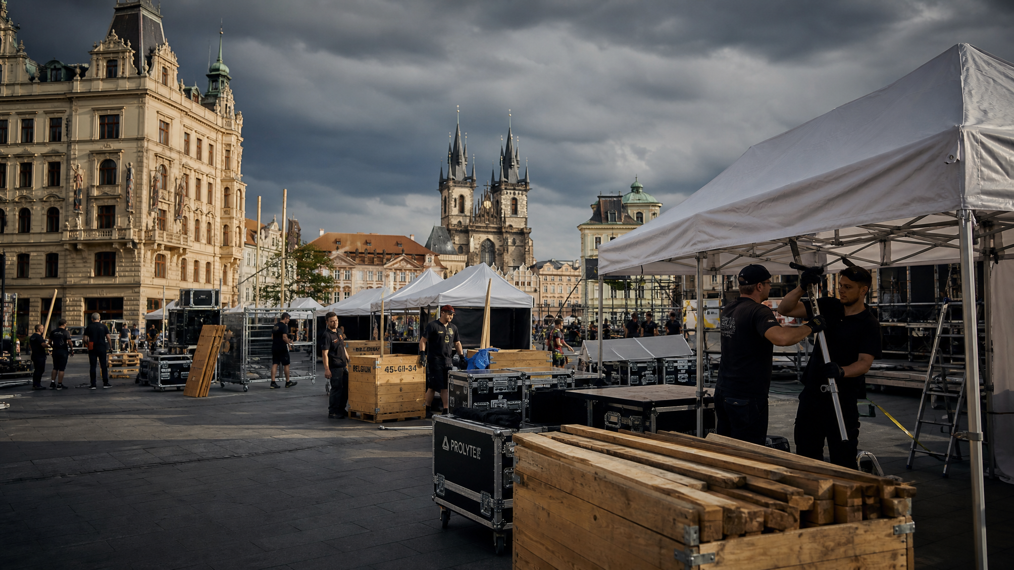 Festival and event booth setup with tents and equipment