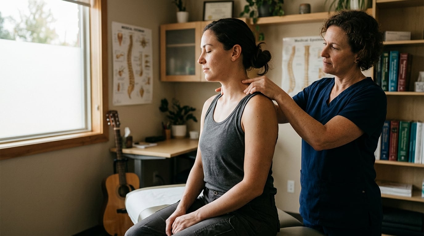 A woman veteran having her neck examined by a clinician