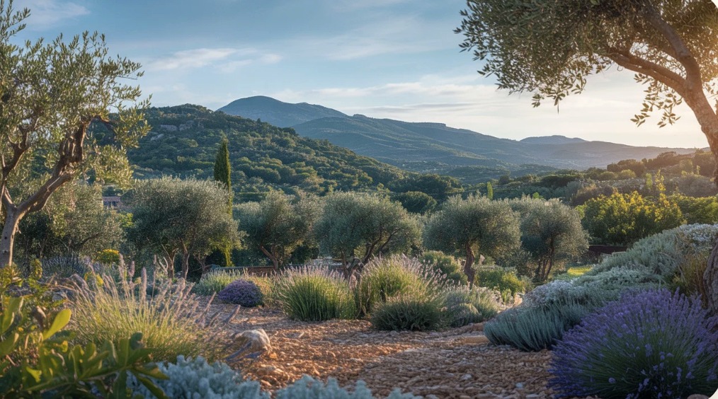 Vue sur le maquis corse, oliviers et montagnes au coucher du soleil