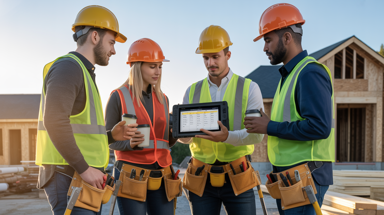 Crew of tradespeople gathered around a tablet during a morning job site huddle