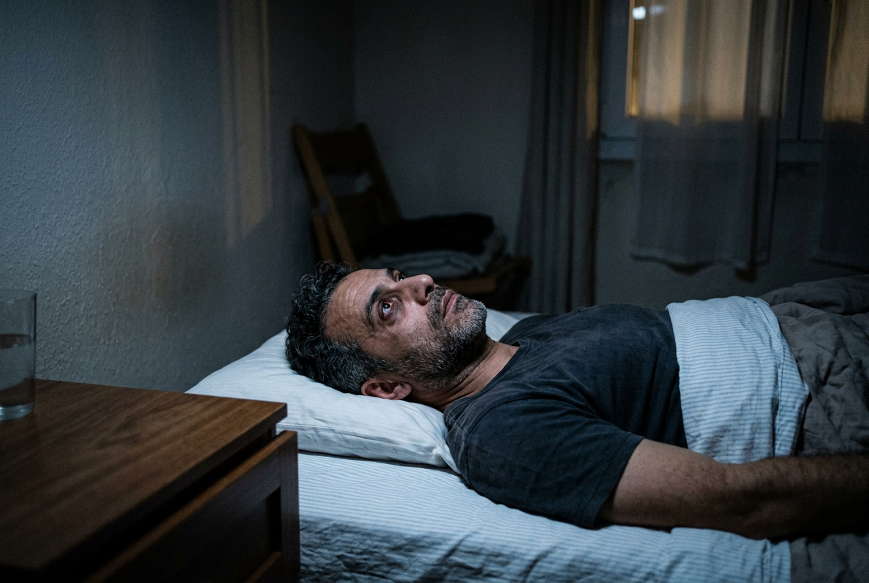 A male veteran lying awake in bed at night, eyes open, staring at the ceiling, unable to sleep