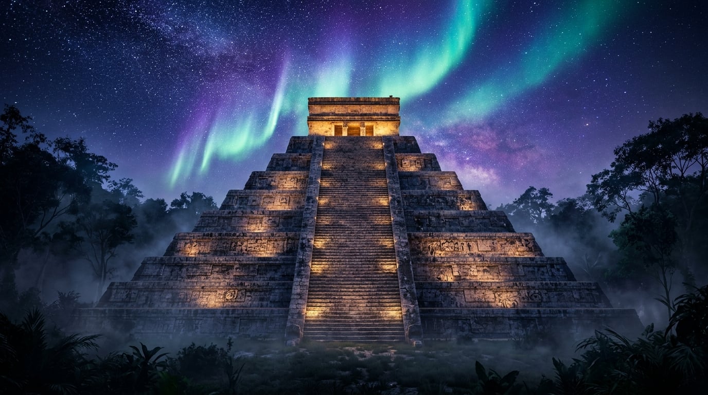 Templo maya místico bajo cielo cósmico