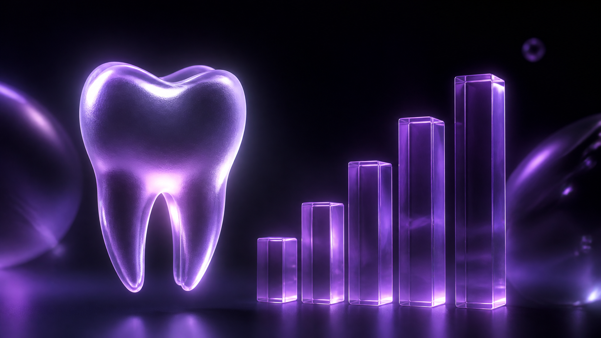 A frosted-glass glowing tooth beside translucent violet rising bar-chart columns, floating in the dark