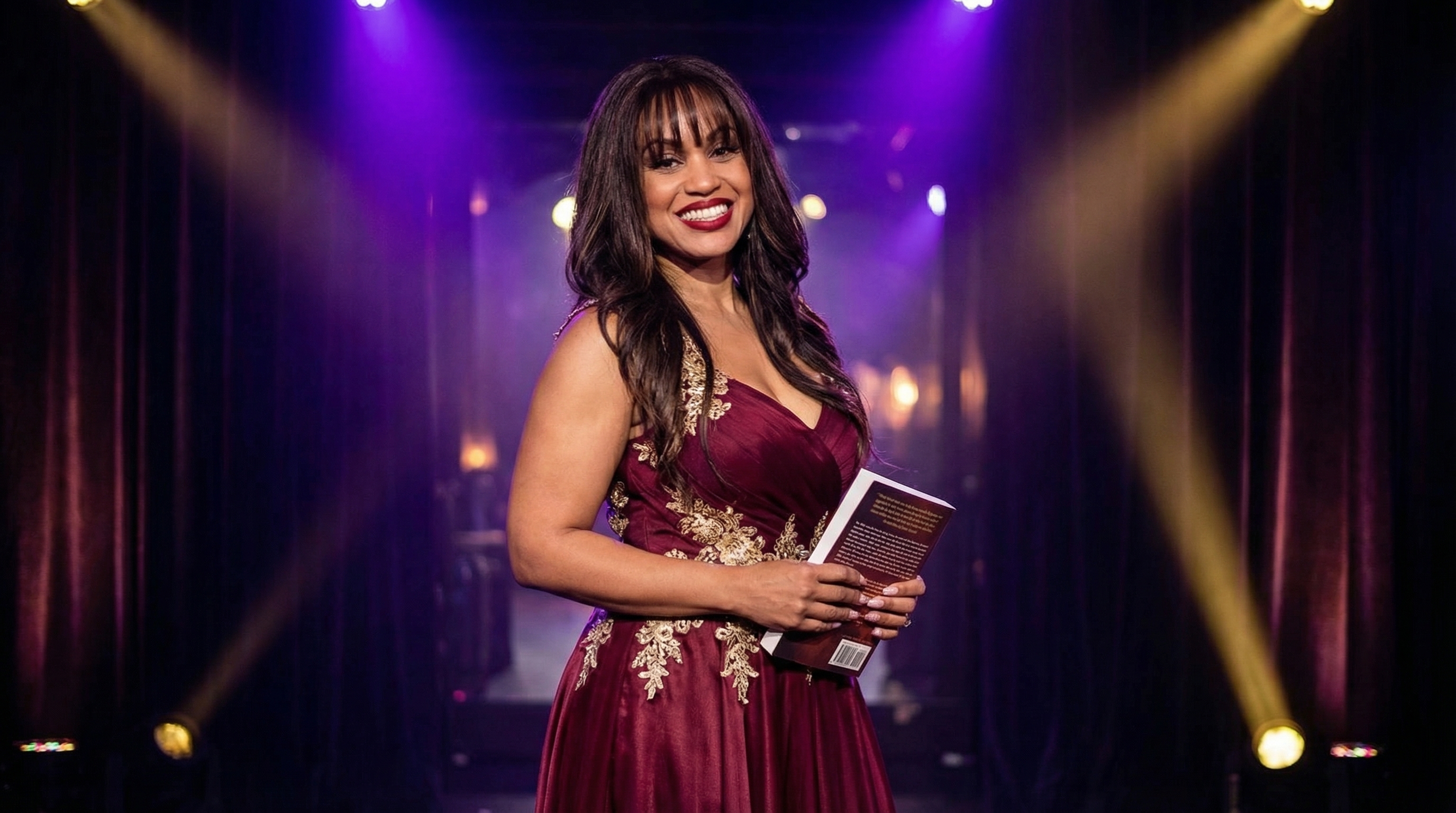 LyNea LB Bell in a stunning burgundy gown on a glamorous cinematic stage with purple and gold lighting