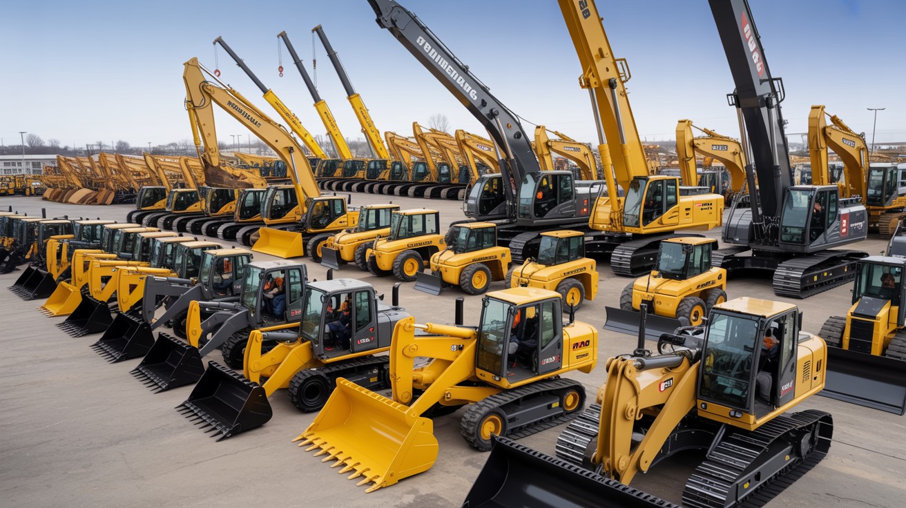 Equipment rental yard with mixed construction machinery