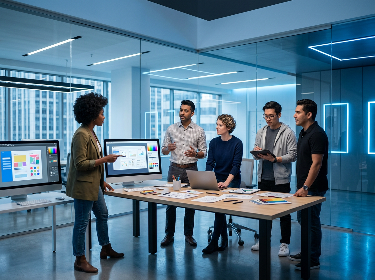 Tiraz Digital team working together in a modern creative office space