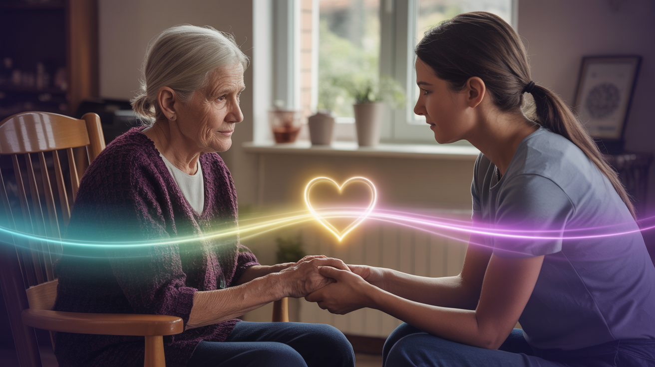 Starija žena drži ruku mlađe — sveta briga o drugima u budućnosti bez rada. mlada žena drži ruke starije žene u toplom razgovoru, simbol brige, ljudske povezanosti i duhovne podrške u budućnosti bez rada