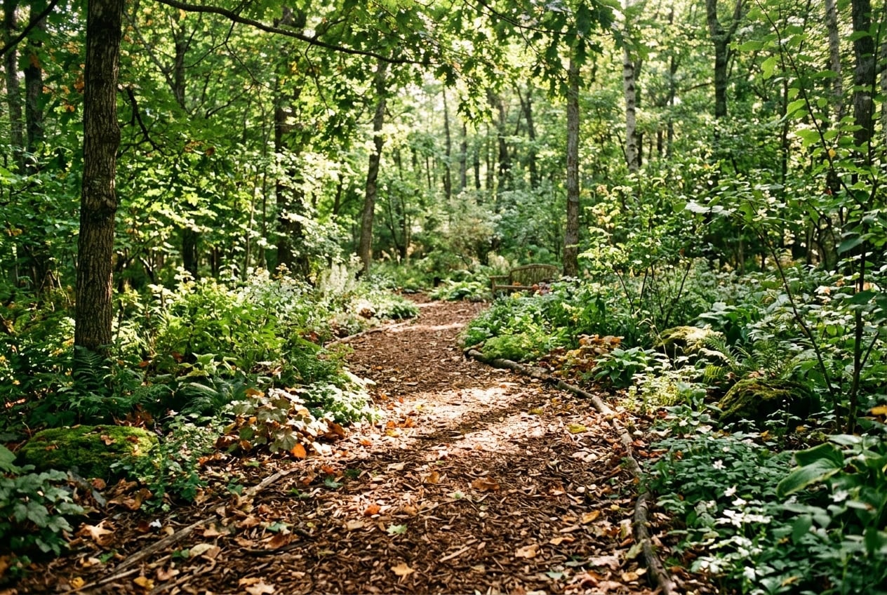 Woodland garden path with dappled sunlight and natural mulch